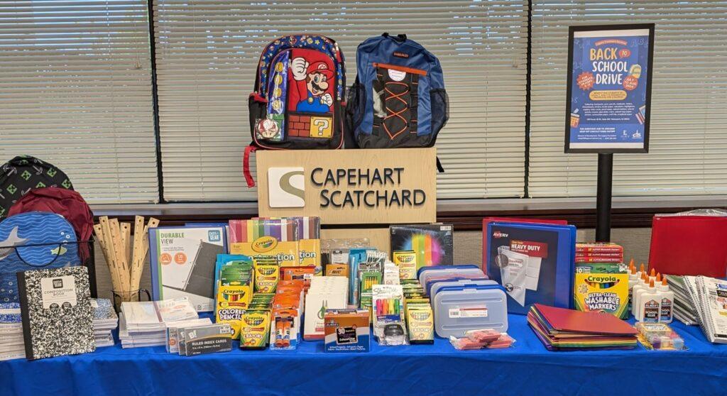 School Supplies which include back packs, crayons, pencils, glues sticks, notebooks, and others.