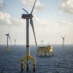 Offshore wind farm turbines at dusk in the middle of the sea